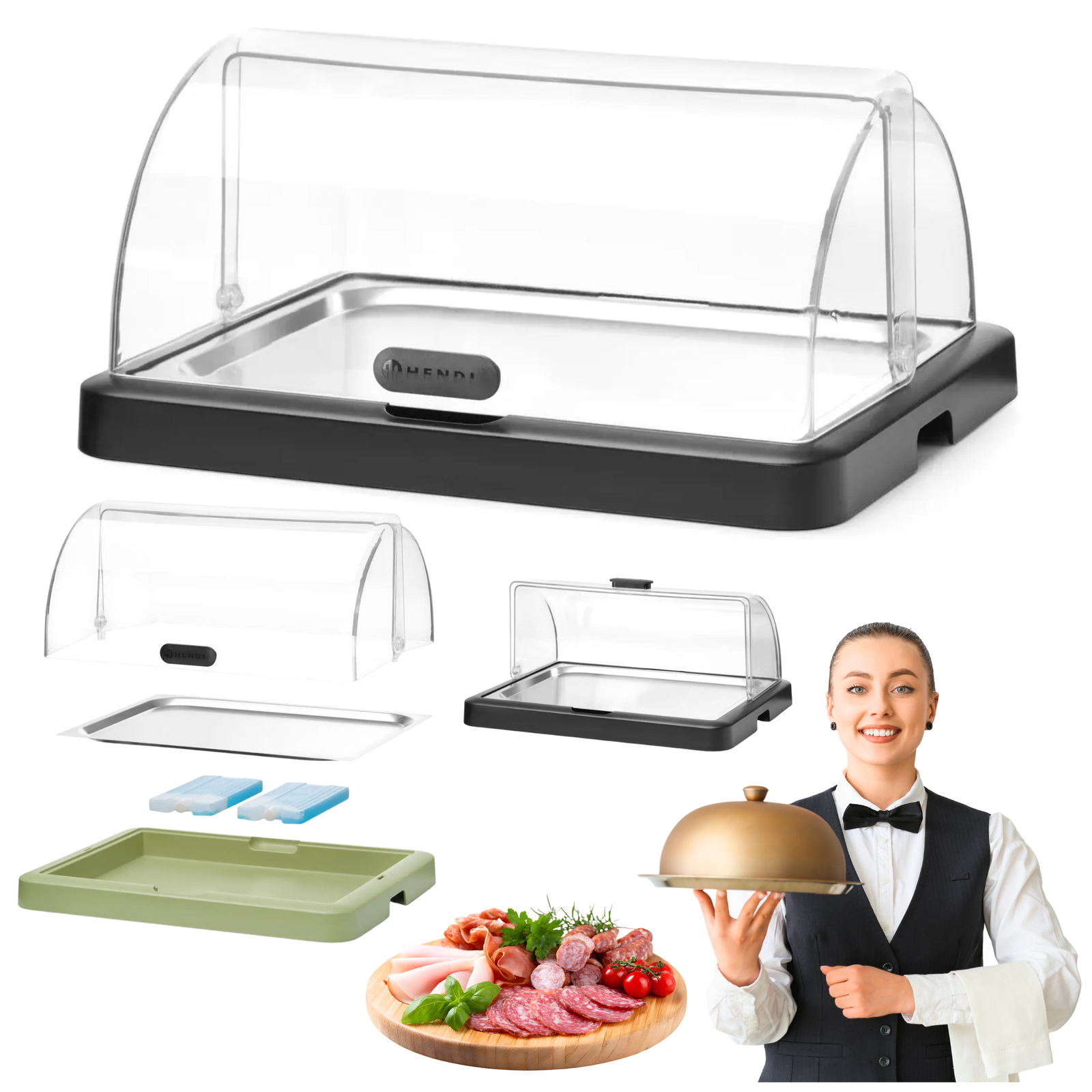 Pojedyncza witrynka chłodząca roll-top Duo, HENDI UNIQ, prostokątna, czarny 460x355x(H)220mm