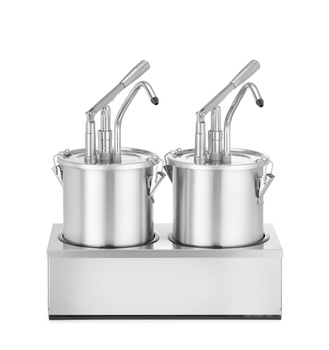 Zestaw: 2 x Pojemnik ze stali nierdzewnej do sosów z dyspenserem i podstawa z adapterem HENDI 9L 400x200x(H)440mm
