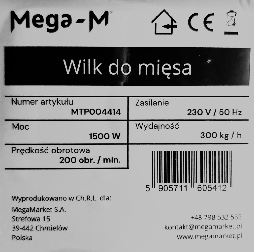 Wilk do mięsa Mega-M HO 300kg/h 1500W SS N