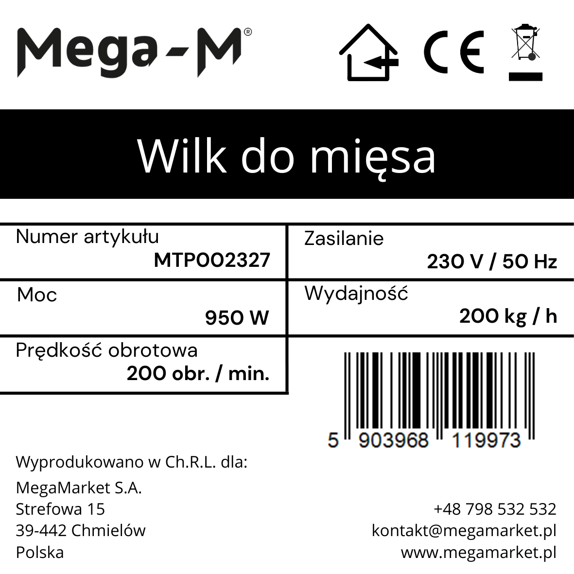 Wilk do mięsa Mega-M 200kg/h 950W N