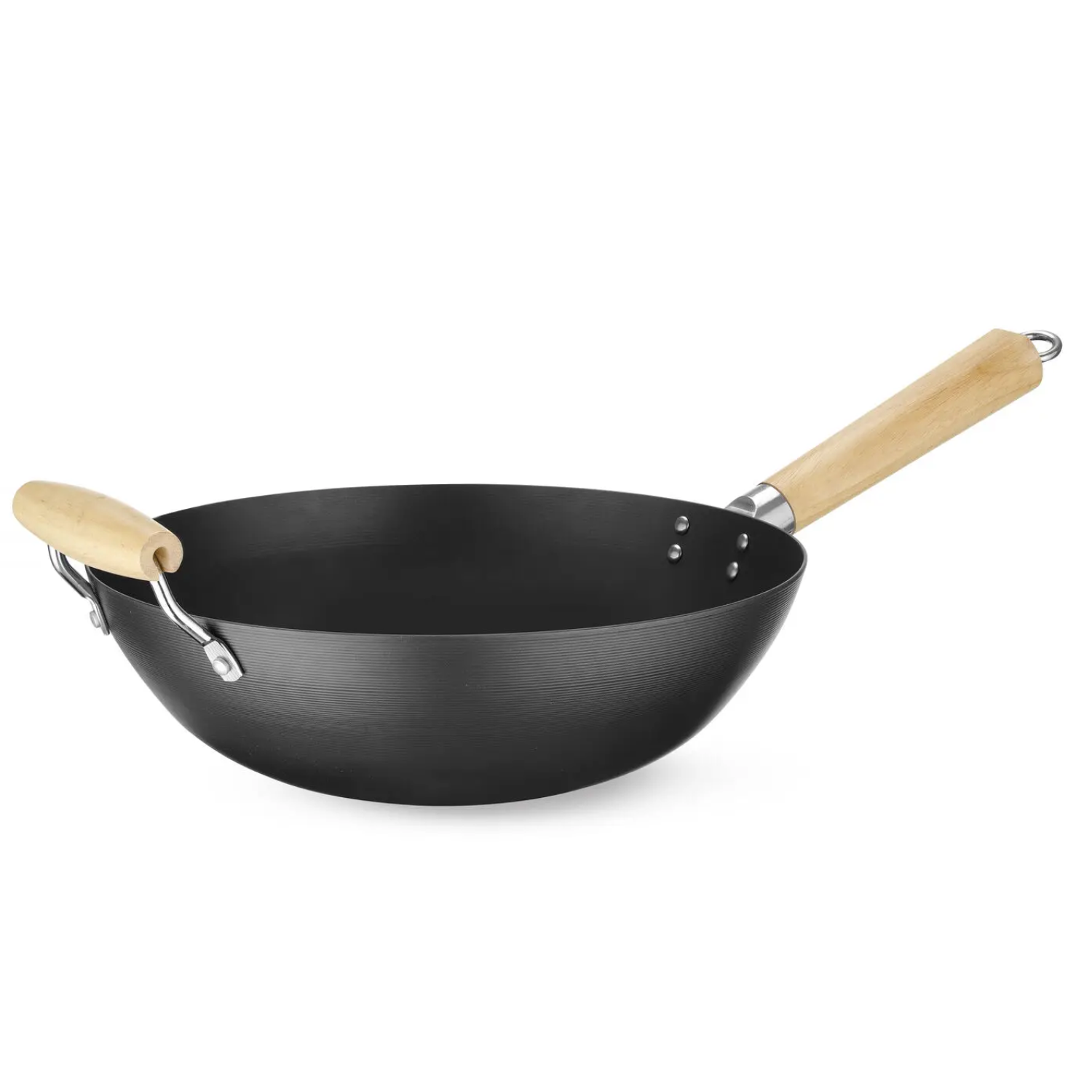Wok z drewnianym uchwytem ze stali węglowej 32cm, HENDI, 324x565mm