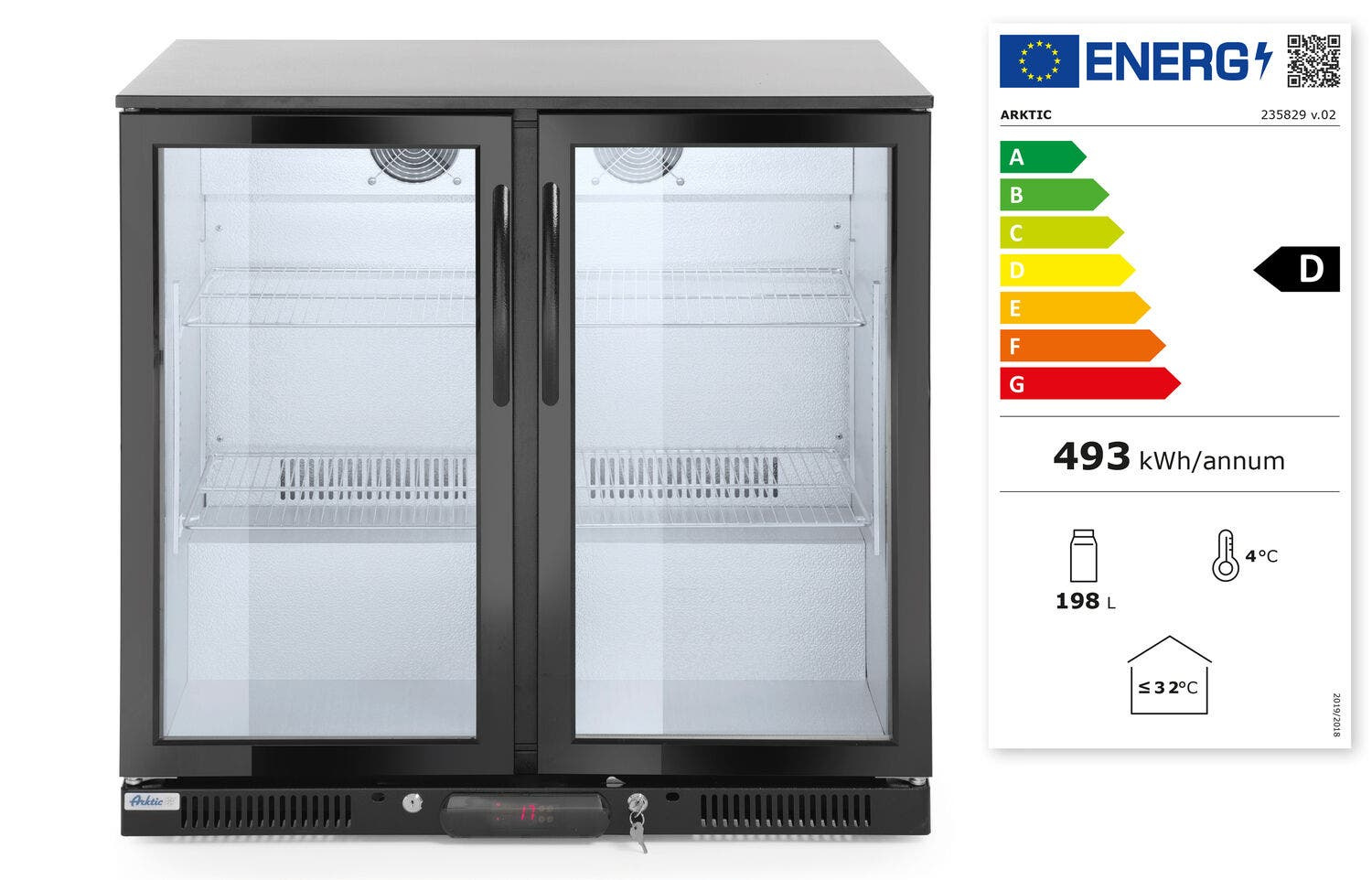 Lodówka barowa 2-drzwiowa Arktic 180L czarny 220-240V/160W 900x540x(H)890mm
