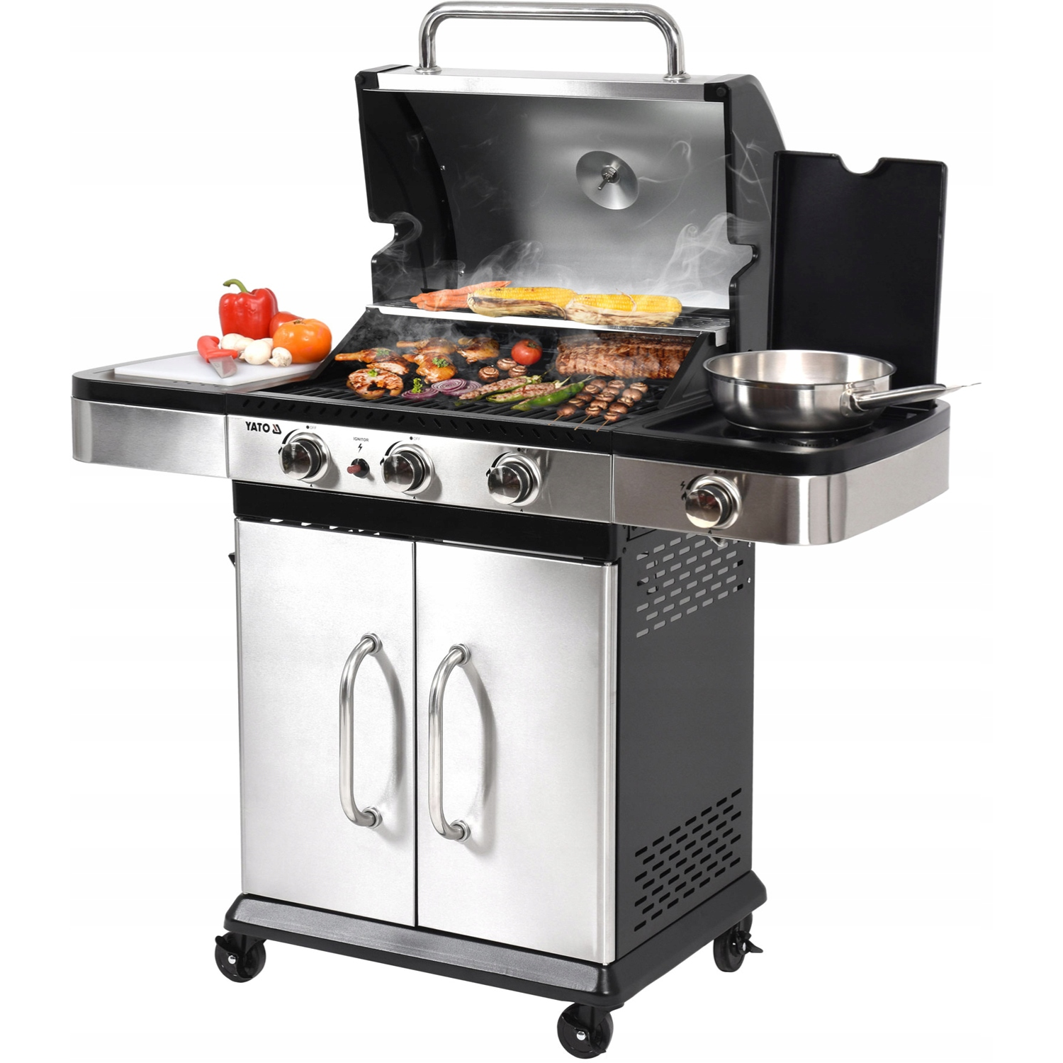 GRILL GAZOWY OGRODOWY 3+1, STAL NIERDZEWNA 11,2KW YATO