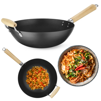 Wok z drewnianym uchwytem ze stali węglowej 32cm, HENDI, 324x565mm